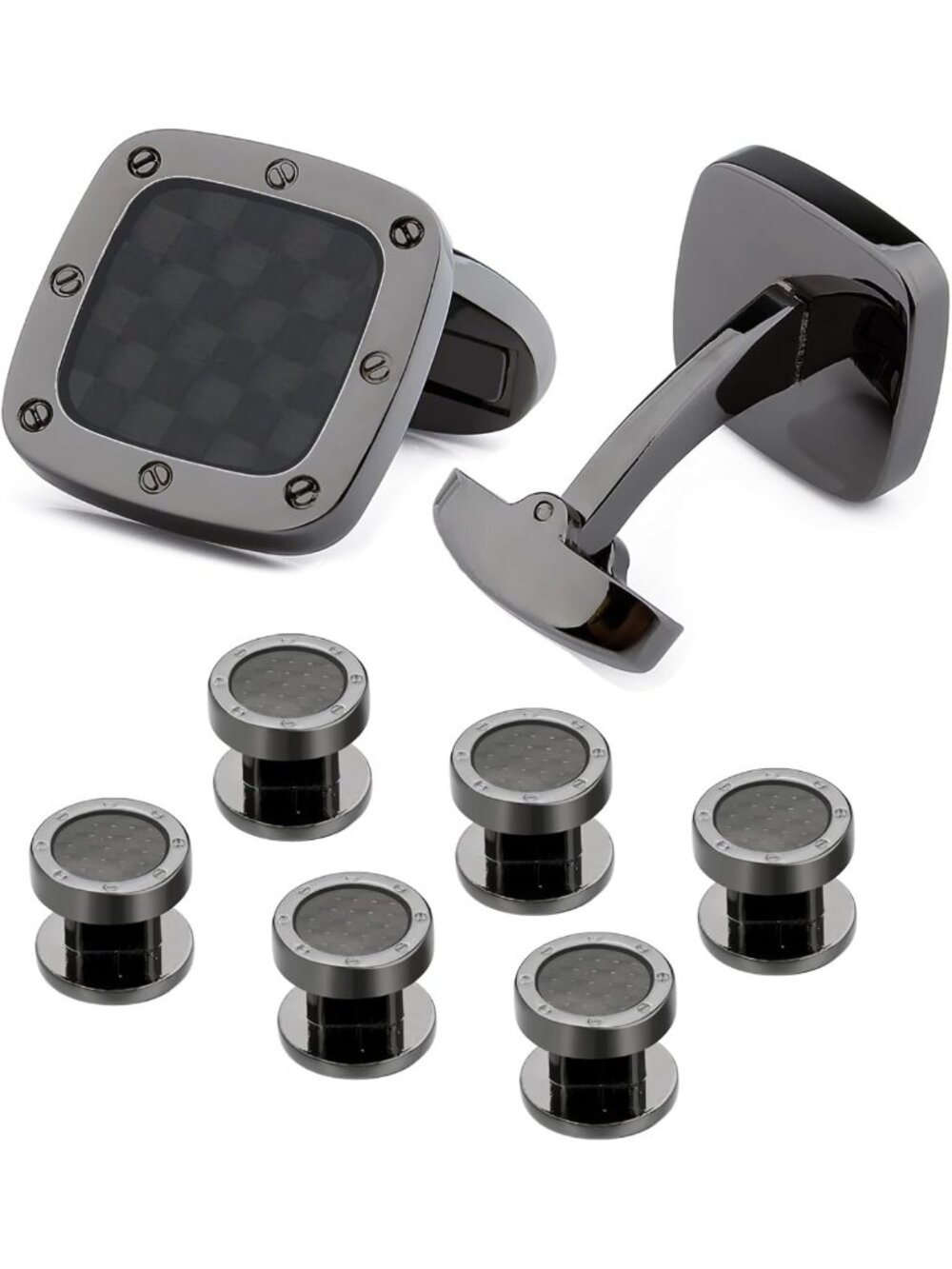Sleek Carbon Fiber Cufflinks & Tuxedo Studs Set - Perfect Wedding & Business